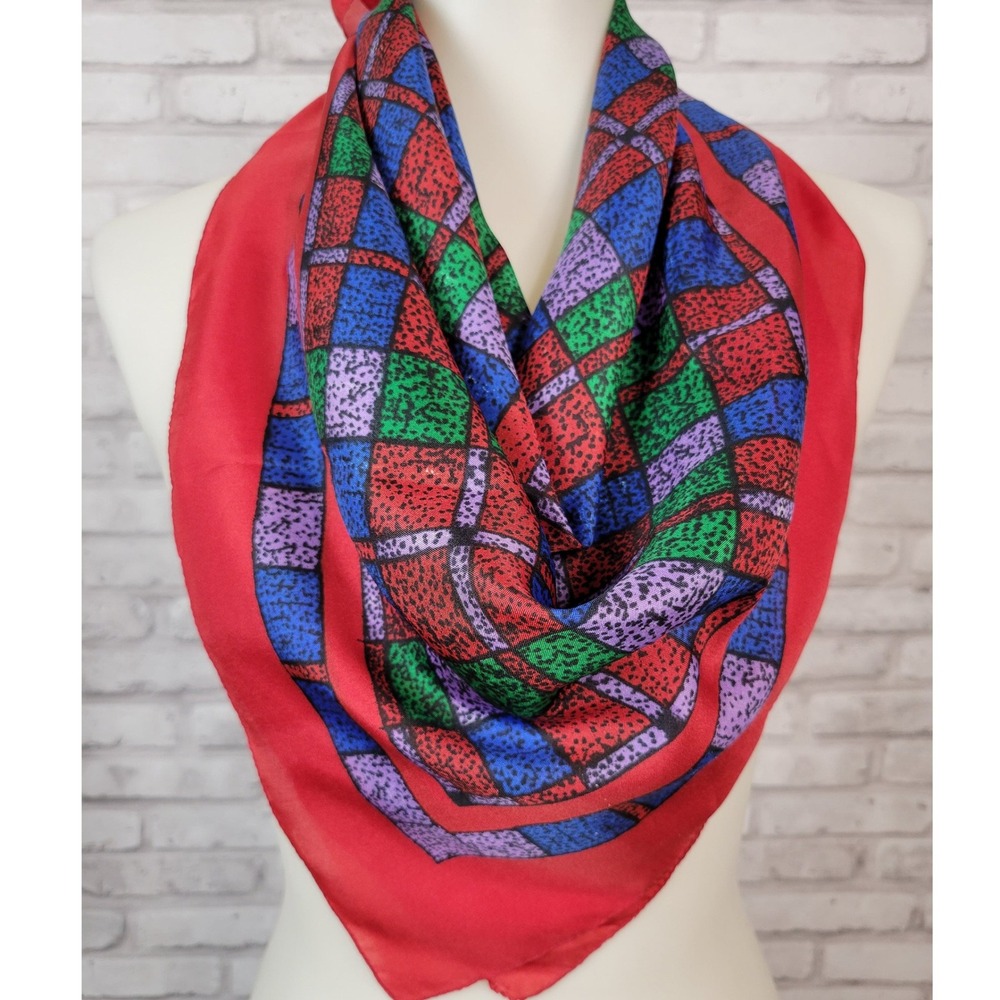 Vintage 80s Sarah Coventry Square Scarf Red Geometric Made in Italy Mod